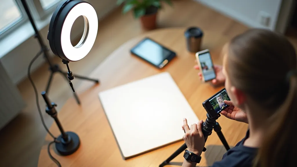 DIY lighting setup with smartphone on small tripod, ring light, and white foam reflector on wooden table, home studio setup