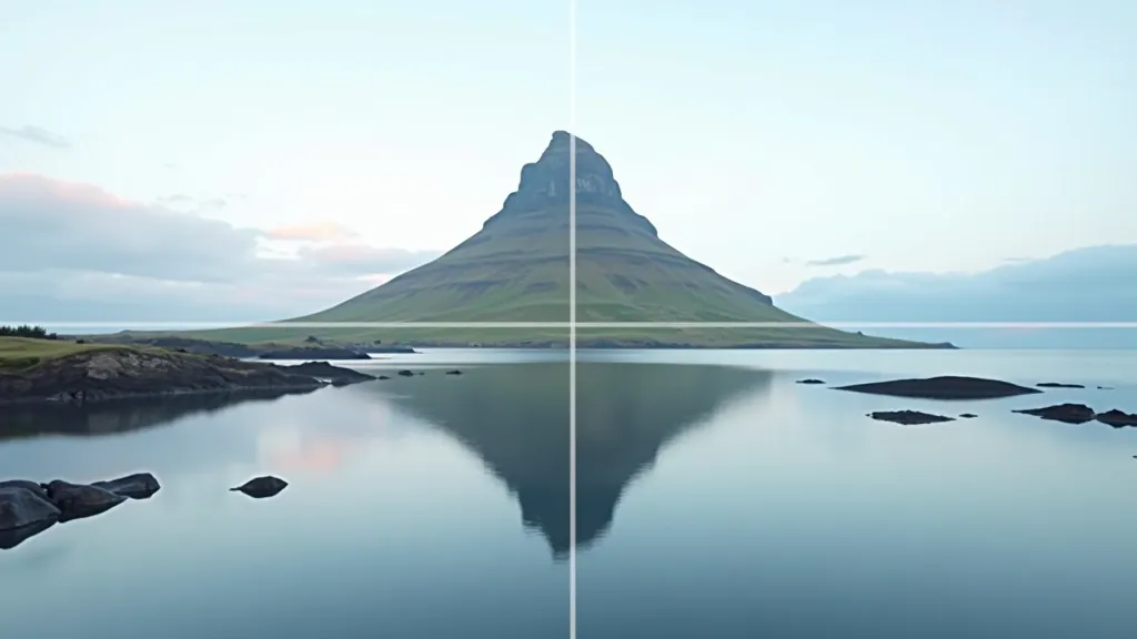 Grid overlay diagram on landscape photo showing rule of thirds intersections, mountain and water composition