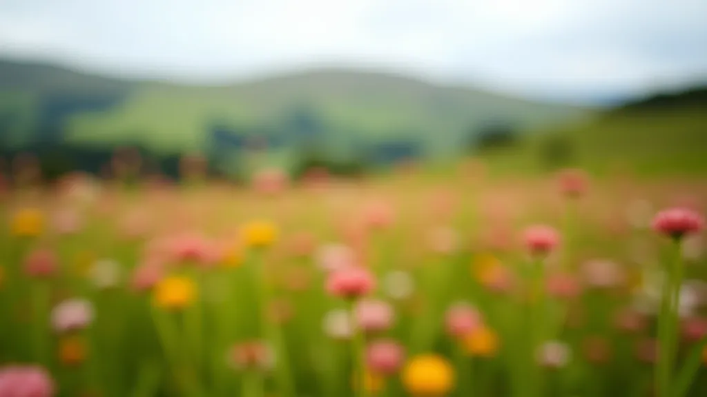 Depth composition photograph, foreground wildflowers, background landscape, bokeh effect