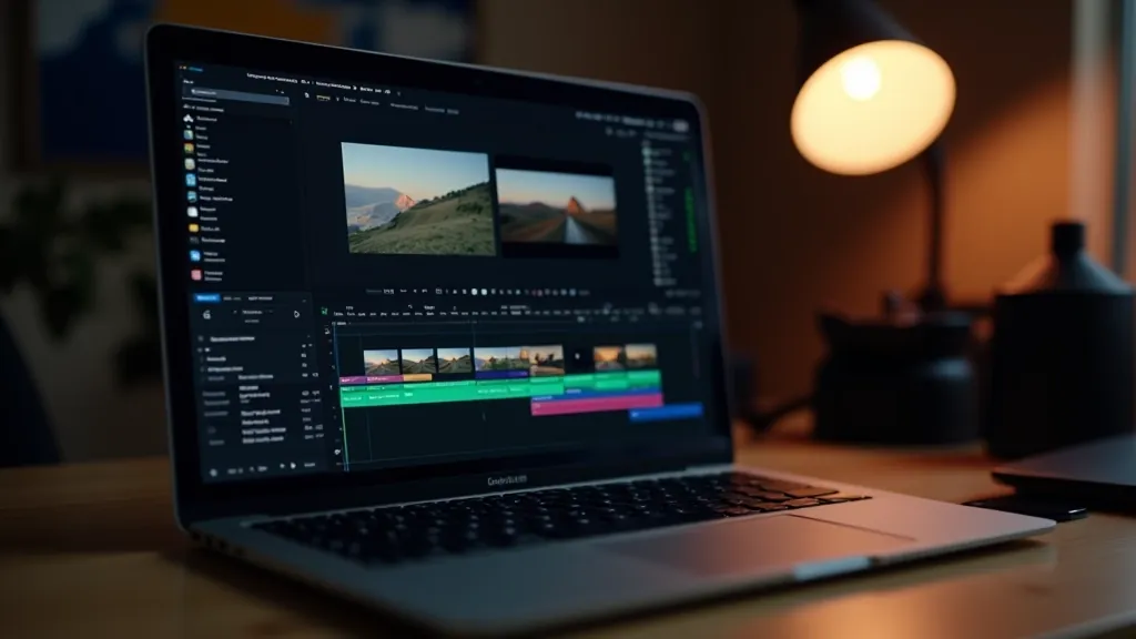 Video editing interface on laptop showing timeline with mobile video clips, color grading adjustments, professional editing workspace