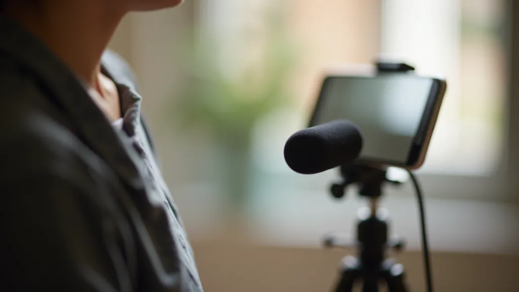 Small lavalier microphone attached to smartphone on tripod, professional audio recording setup for mobile video