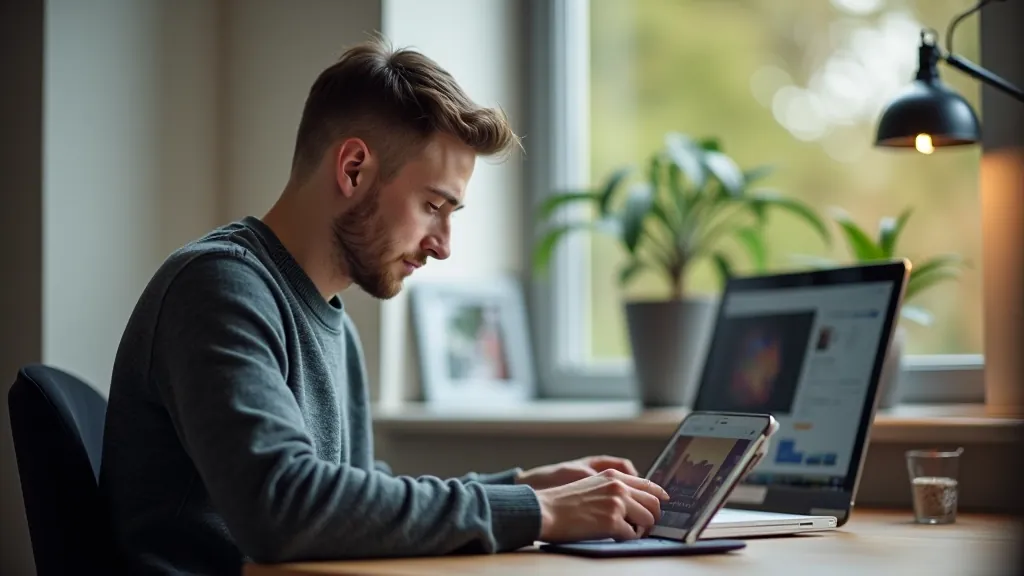 Person at desk with tablet showing photo editing application open, natural window lighting in background