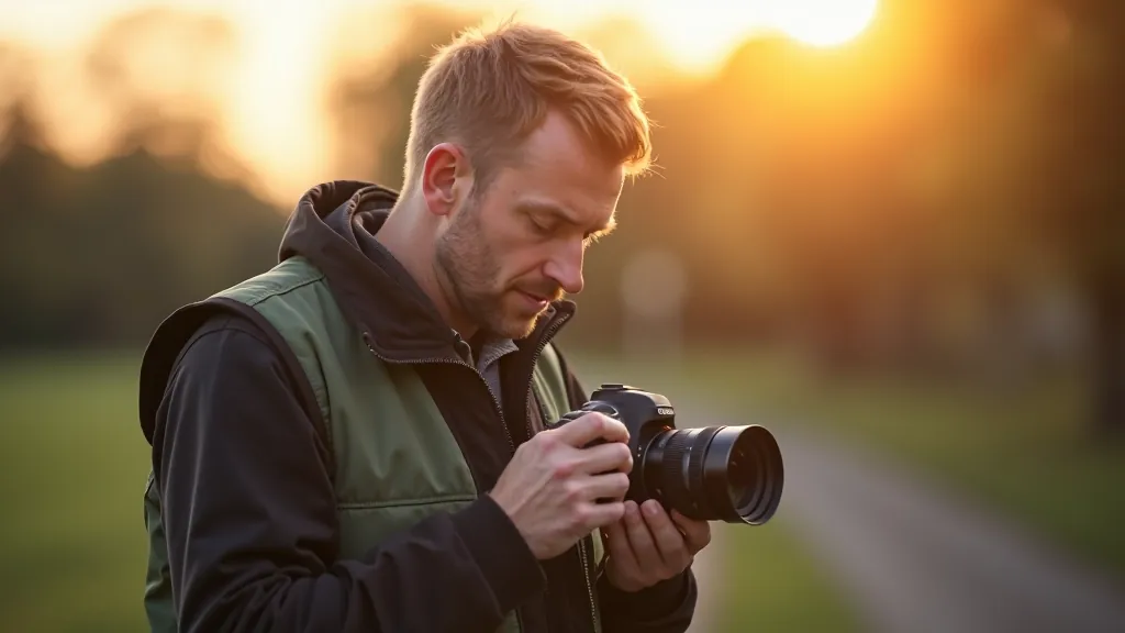 Photographer reviewing composition on camera screen, outdoor setting with natural lighting, shallow angle view
