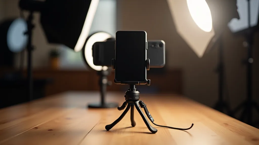 Smartphone mounted on small tripod with ring light setup, professional mobile videography equipment on wooden table