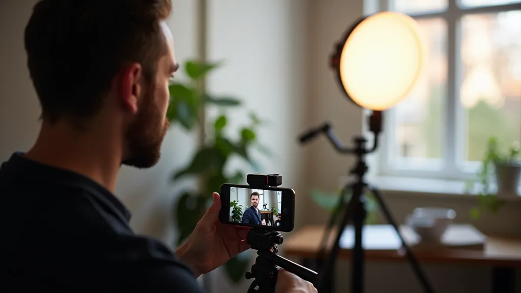 Professional videographer framing a shot with smartphone on tripod, studio lighting setup visible, natural window light in background