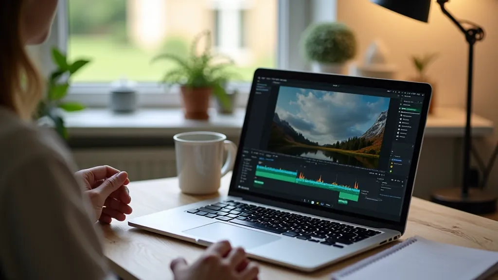Workspace with laptop and editing software for photo editing